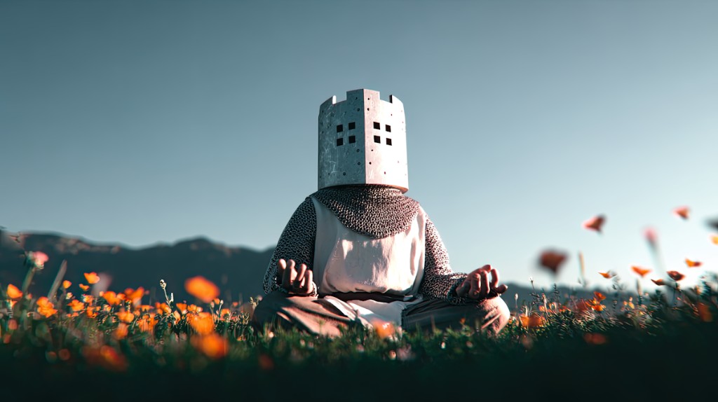 Meditative knight sitting in a field of flowers