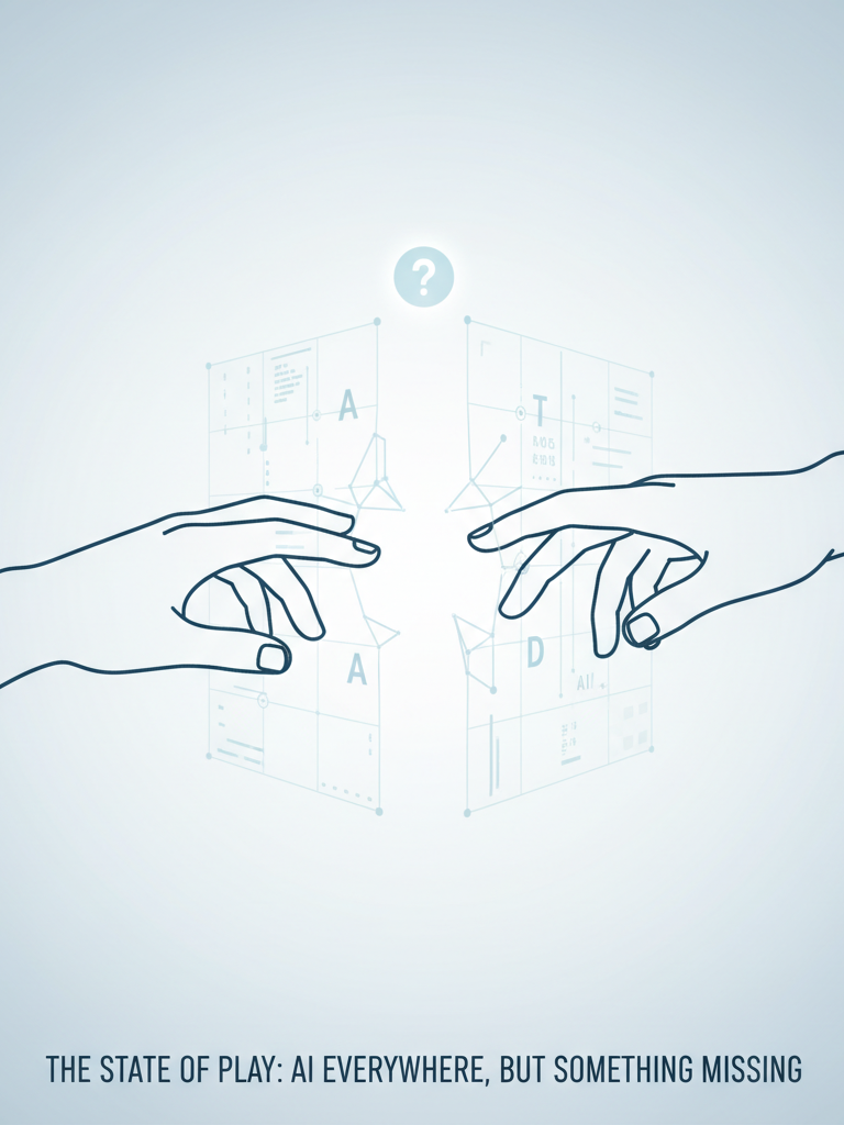 A conceptual illustration of two hands reaching toward each other across a spatial interface.